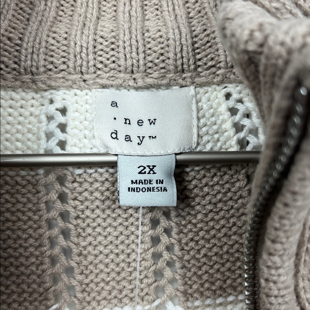 a new day Womens Tneck Knit Sweater 2X Beige Cream Stripe 1/2 Zip Soft NWT - Picture 3 of 15